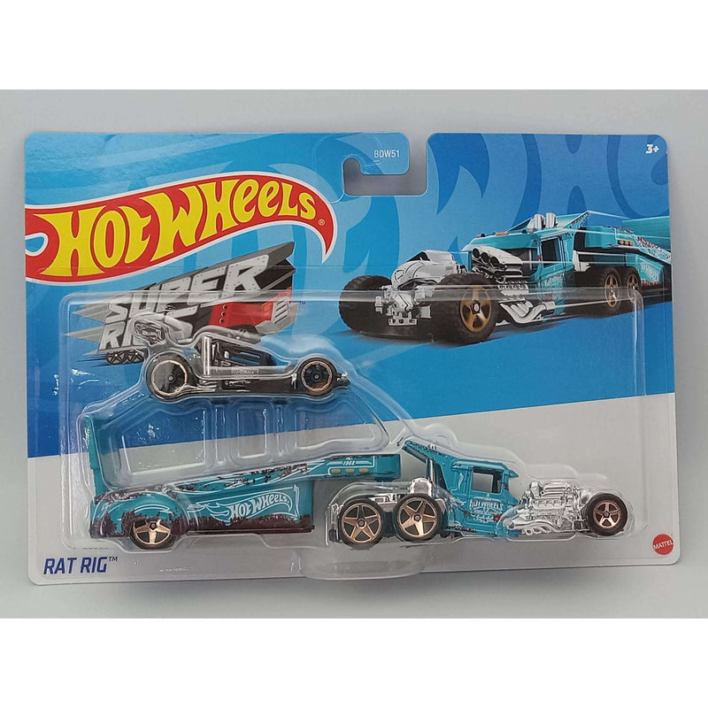 Hot Wheels 2023 Super Rigs (Mix 3) 1:64 Scale Die-cast Hauler and Vehicle Set, Rat Rig