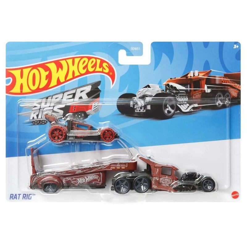 Hot Wheels 2023 Super Rigs (Mix 2) 1:64 Scale Die-cast Hauler and Vehicle Set, Rat Rig