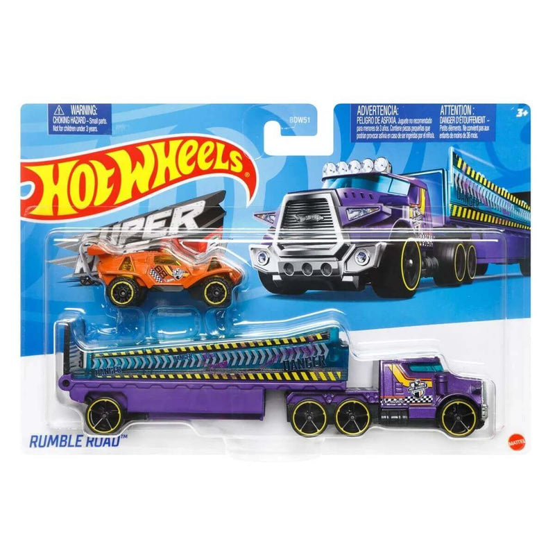 Hot Wheels 2023 Super Rigs (Mix 3) 1:64 Scale Die-cast Hauler and Vehicle Set, Rumble Road.