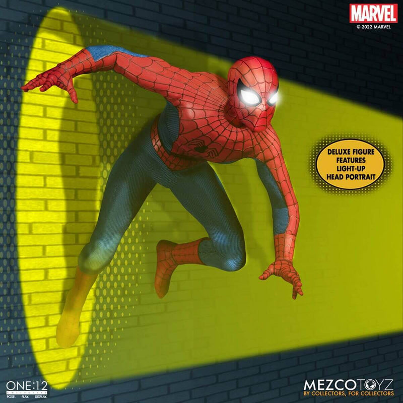 Mezco Toyz The Amazing Spider-Man One:12 Collective Deluxe Edition Action Figure showing light-up eyes.