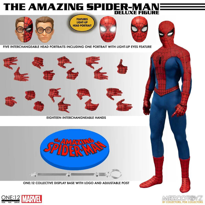 Mezco Toyz The Amazing Spider-Man One:12 Collective Deluxe Edition Action Figure, showing figure, head portraits, hands, and stand.