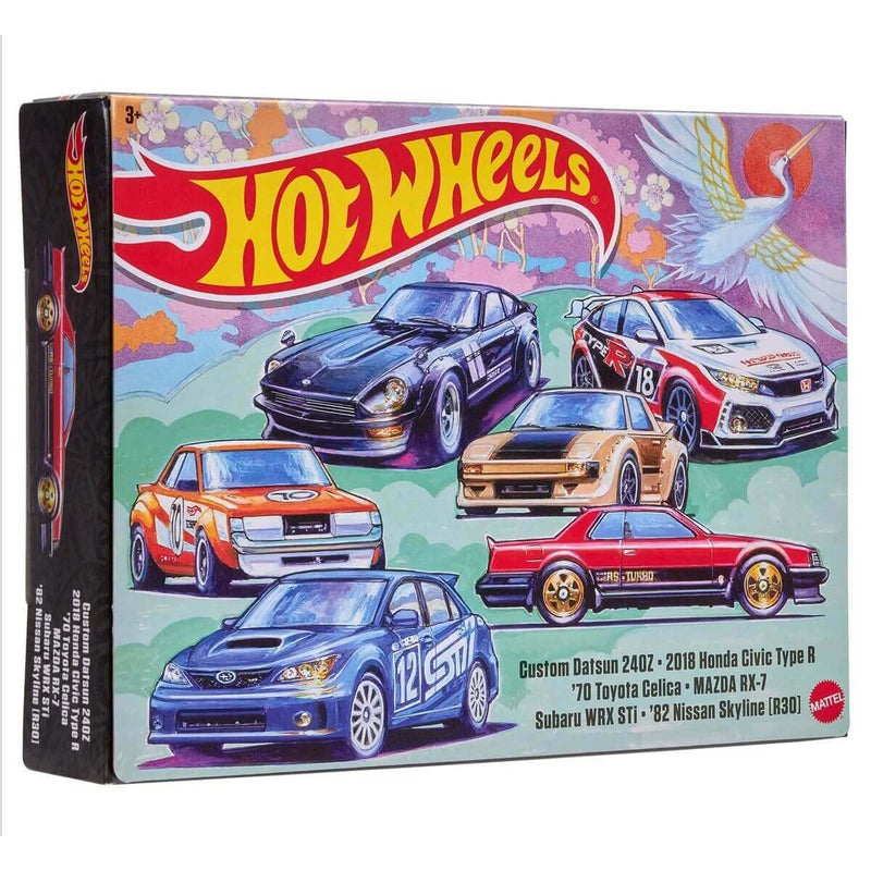 Hot Wheels 2023 Themed Vehicles 6-Pack, Japanese Car Culture, Box turned to show the side