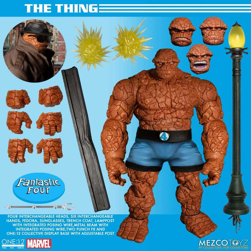 Mezco Toyz Fantastic Four One:12 Collective Deluxe Steel Boxed Set, The Thing with accessories displayed.