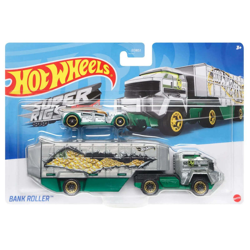 Hot Wheels 2023 Super Rigs 1:64 Scale Die-cast Hauler and Vehicle Set, Bank Roller