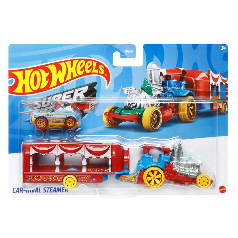Hot Wheels 2023 Super Rigs (Mix 3) 1:64 Scale Die-cast Hauler and Vehicle Set, Car-Nival Steamer