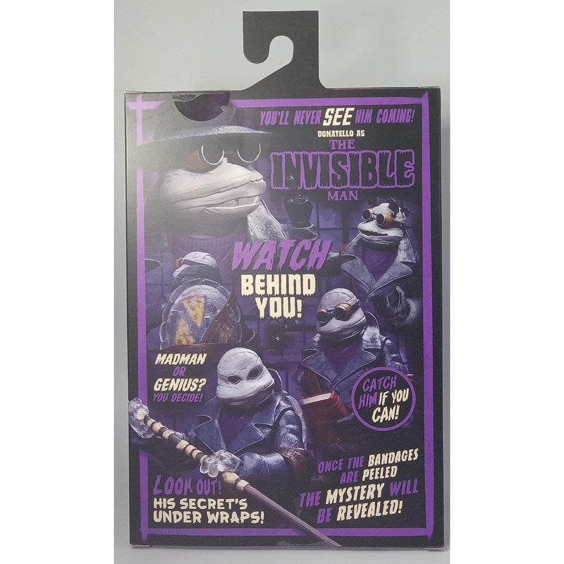 NECA Universal Monsters x Teenage Mutant Ninja Turtles Ultimate Donatello as The Invisible Man 7″ Scale Action Figure, Back of Package