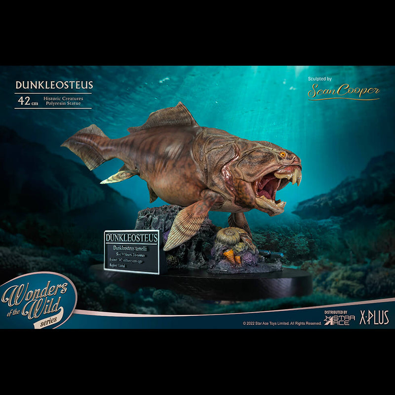 Star Ace X-Plus Dunkleosteus Wonders of the Wild 16 1/2 Hand-Painted Inch Statue showing plaque