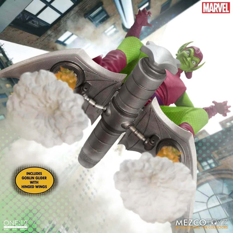 Mezco Toyz Green Goblin Deluxe Edition One:12 Collective Action Figure, flying on glider
