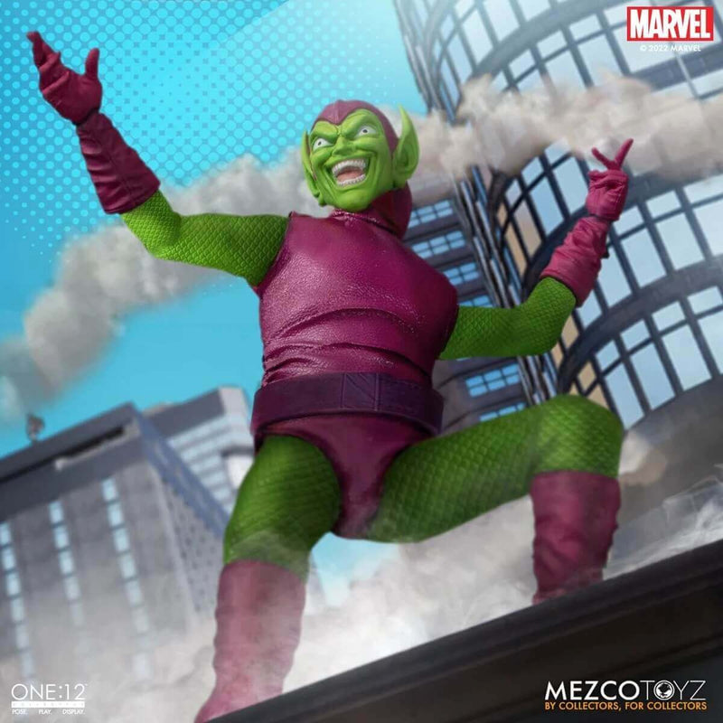 Mezco Toyz Green Goblin Deluxe Edition One:12 Collective Action Figure, standing on rooftop