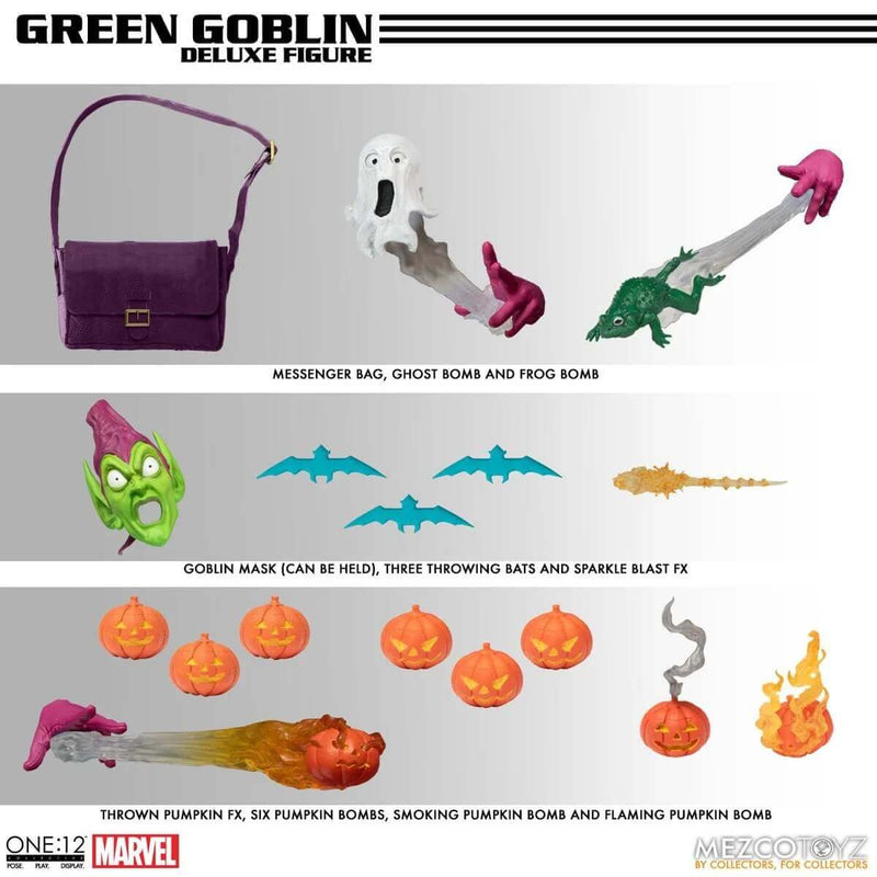 Mezco Toyz Green Goblin Deluxe Edition One:12 Collective Action Figure, ghost, frog, and pumpkin bombs, satchel and throwing bats