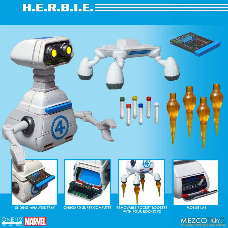 Mezco Toyz Fantastic Four One:12 Collective Deluxe Steel Boxed Set, H.E.R.B.I.E with accessories displayed.