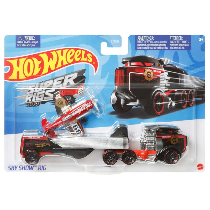 Hot Wheels 2023 Super Rigs 1:64 Scale Die-cast Hauler and Vehicle Set, Sky Show Rig