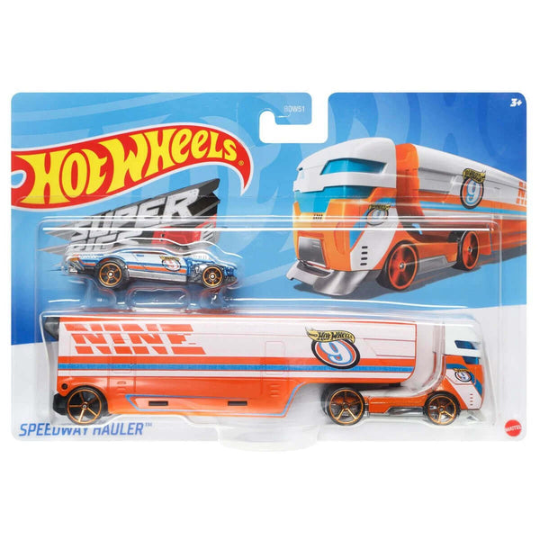 Hot Wheels 2023 Super Rigs (Mix 3) 1:64 Scale Die-cast Hauler and Vehicle Set, Speedway Hauler