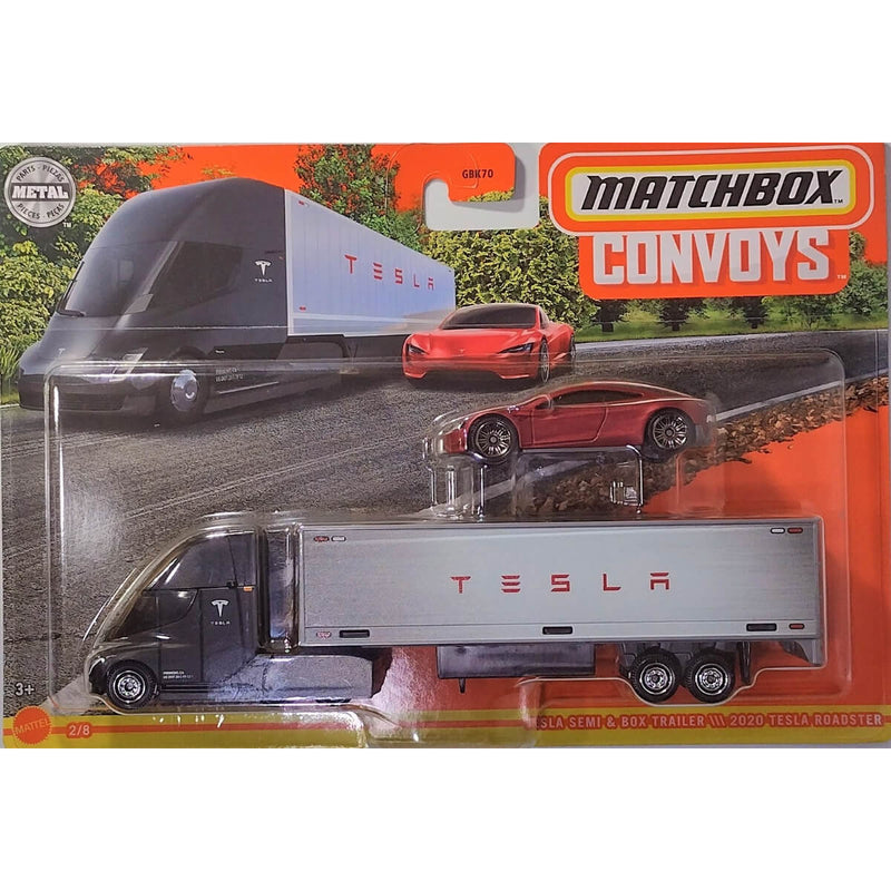 Matchbox Convoys, 1:64 Scale 7-Inch Diecast Rig with Vehicle Tesla Semi & Box Trailer 2020 Tesla Roadster 2/8